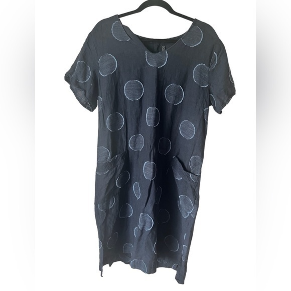 Foil Navy Polka-dot Short Sleeve cotton Linen midi‎ Dress size 12